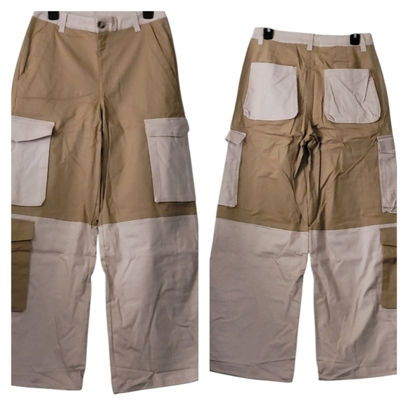 Boutique Patchwork Utility Cargo Pants in Taupe and Cream - Picture 3 of 15